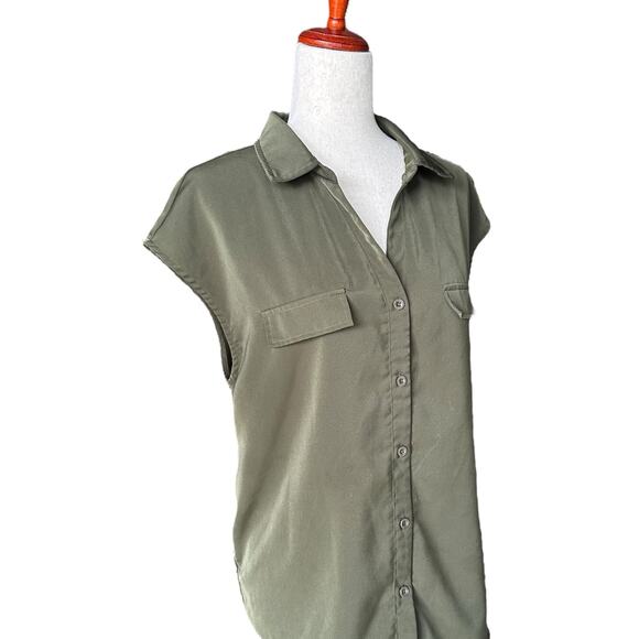 Lotusmile Olive Green Button-Down Blouse | Cap Sleeves, Pockets, Size Large - Picture 2 of 8